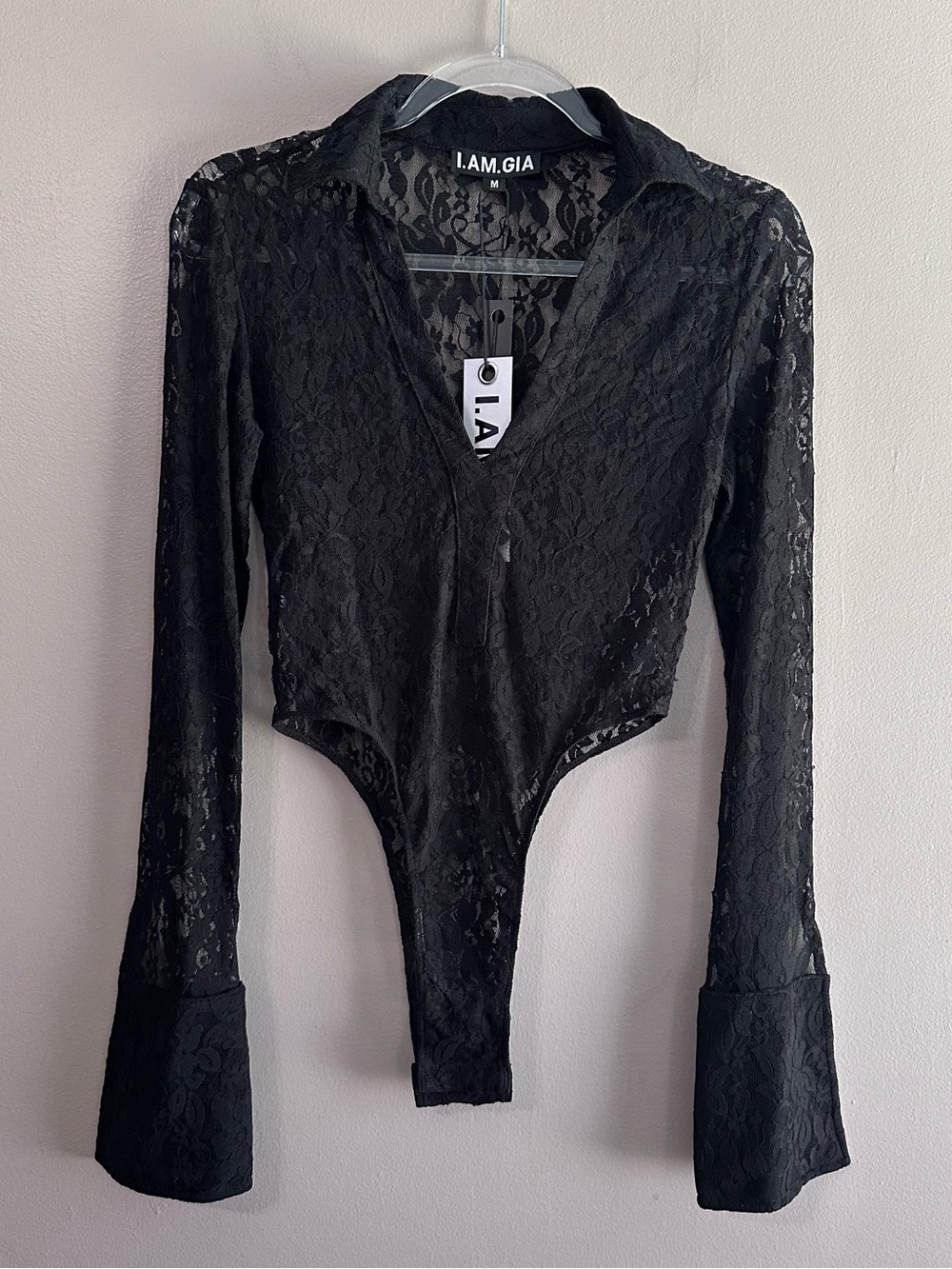 I Am Gia Black Lace Kyleah High Hip Bodysuit Womens Medium NWT Goth Glam Y2K